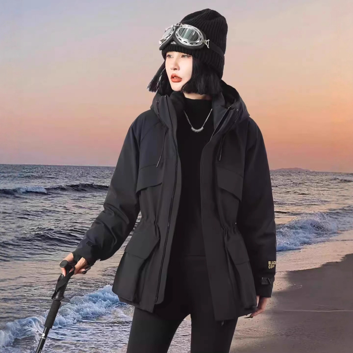 Black Gold down Jacket Women's Mid-Length Outdoor Mountaineering Jacket Waist Windbreaker Wind Shell Parka White Duck down Jacket