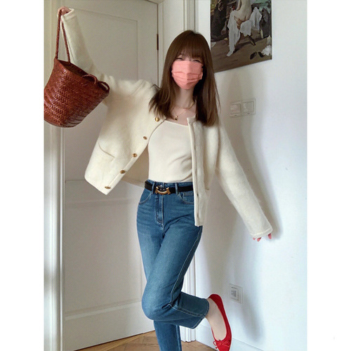 Xiaoxiangfeng short front shoulder imitation mink knitted cardigan sweater women's spring and autumn lazy style casual jacket top