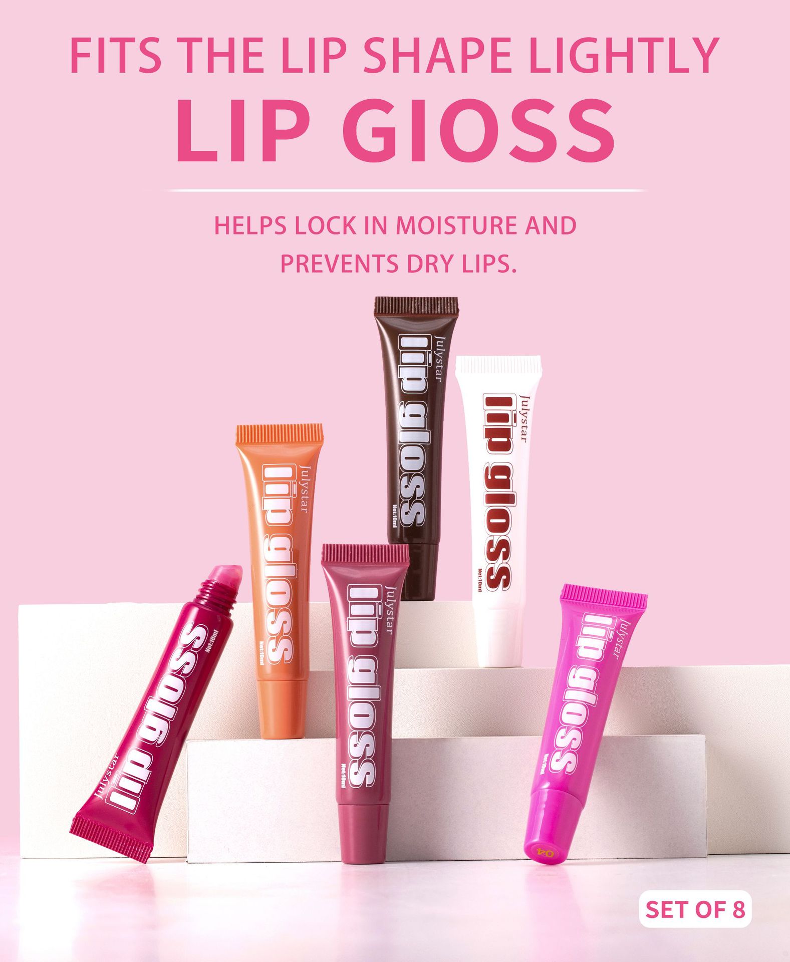 Julystar Fruit-Flavored Long-lasting Moisturizing Lip Gloss, Lustrous and Transparent 8-piece set, Lip Moisturizing Cream, Wholesale Lip makeup Specification drawing
