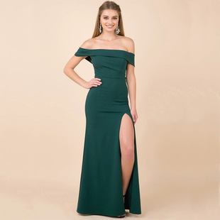 2024 European and American Cross-border Ladies Green Sexy One-shoulder High Slit Dinner Dress