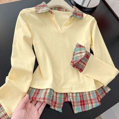 格纹拼接polo领假两件正肩长袖t恤女春秋新款修身显瘦辣妹上衣女