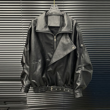 2025年早秋新款黑色皮衣外套女设计感复古翻领抽褶宽松夹克上衣