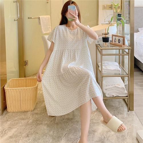 Cotton-Silk Sleep Dress for Women, Summer Short Sleeve Loose Plus Size Cotton Pajamas, Spring and Autumn High-End Printed Air Conditioning Clothes Homecoming Dress
