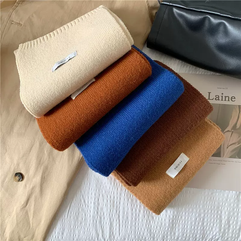 韩版ins保暖纯色围巾女秋冬季纯色贴布百搭时尚学生针织小围脖新
