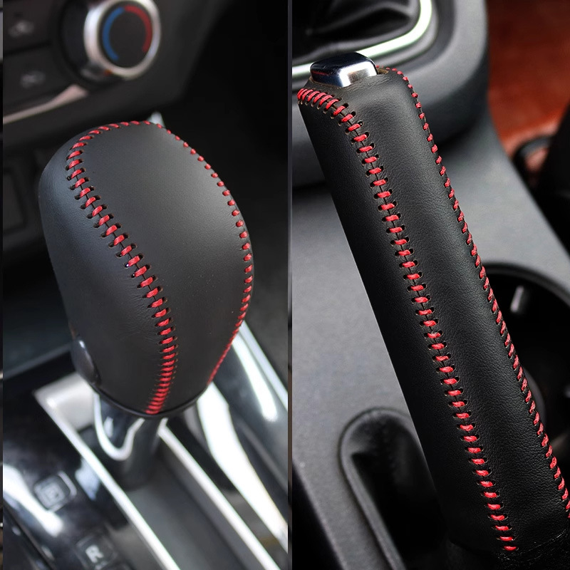 Leather car gear shift knob cover, hand-stitched, for Nissan 2012 New Sylphy, Qida, and Teana models. Also includes a handbrake cover and a gear shift cover