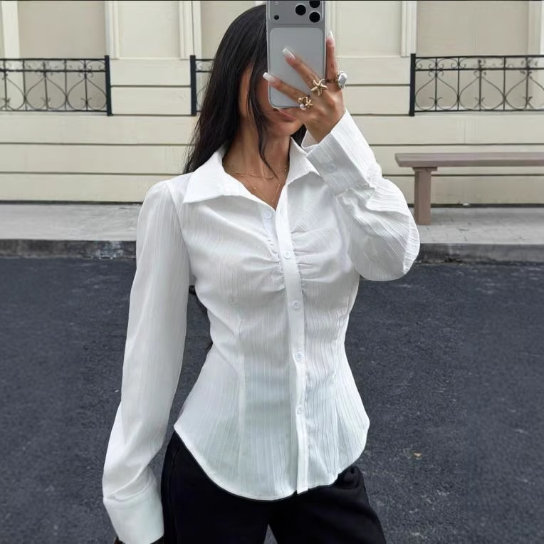 Women's White Shirt with Pleated Waist and Long Sleeves, Solid Color Button-Down Collar, Cross-Border European and American French Style with a High-End Feel