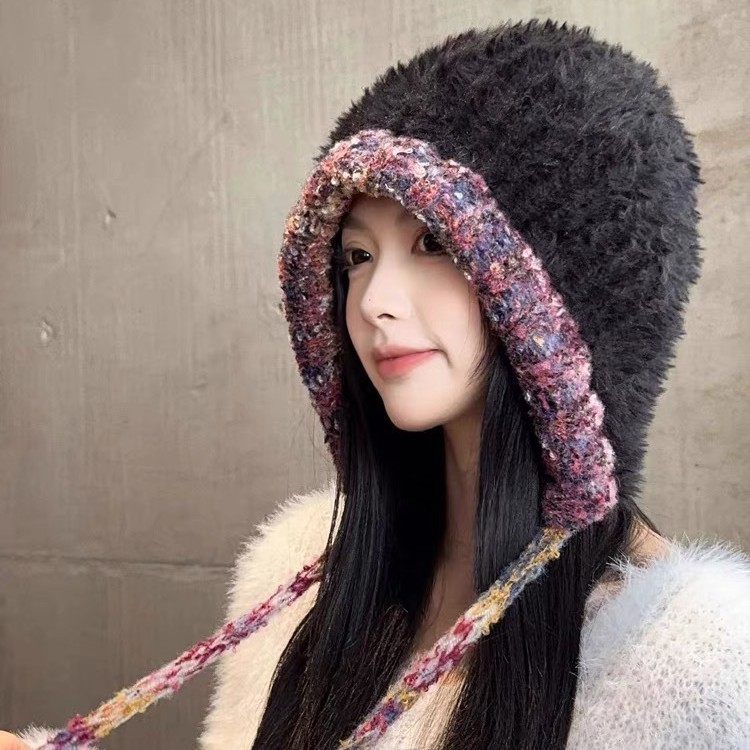手工大头围毛绒针织帽显脸小帽子女韩版毛线帽保暖护耳帽可斜挎帽|undefined