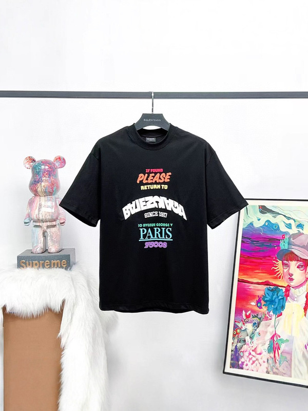 クロスボーダー高バージョンパリBの新しいプリント刺繍ウォッシュ加工とダメージ加工のユニセックストレンディな半袖Tシャツ|undefined