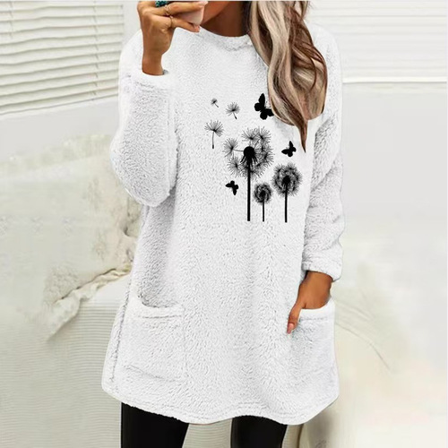 Autumn and winter European and American women's dress round neck loose long-sleeved pockets dandelion embossed double-sided velvet sweater for women