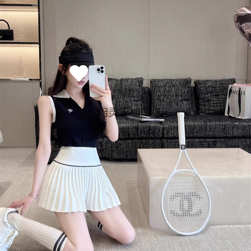New College Style Knitted Skirt Suit for Women Summer Sleeveless Niche Sports Top and Skirt Two-Piece Set