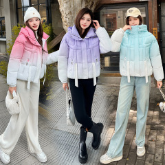 跨境棉衣2025新款渐变色棉服女美式棉袄学生连帽冬装外套加厚外套