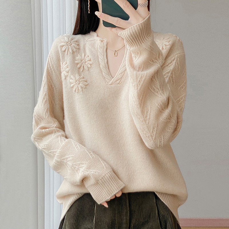 100 Mercerized Wool Seven-Needle Thickeneded Sweater Women's Half Open Collar Knitted Inner Loose Lazy Style Handmade Crochet
