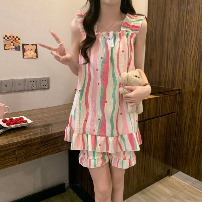 Pijama de algodón de nube para niña verano dulce princesa con cojín para el pecho con tirantes pantalones cortos de dos piezas para el hogar image 6