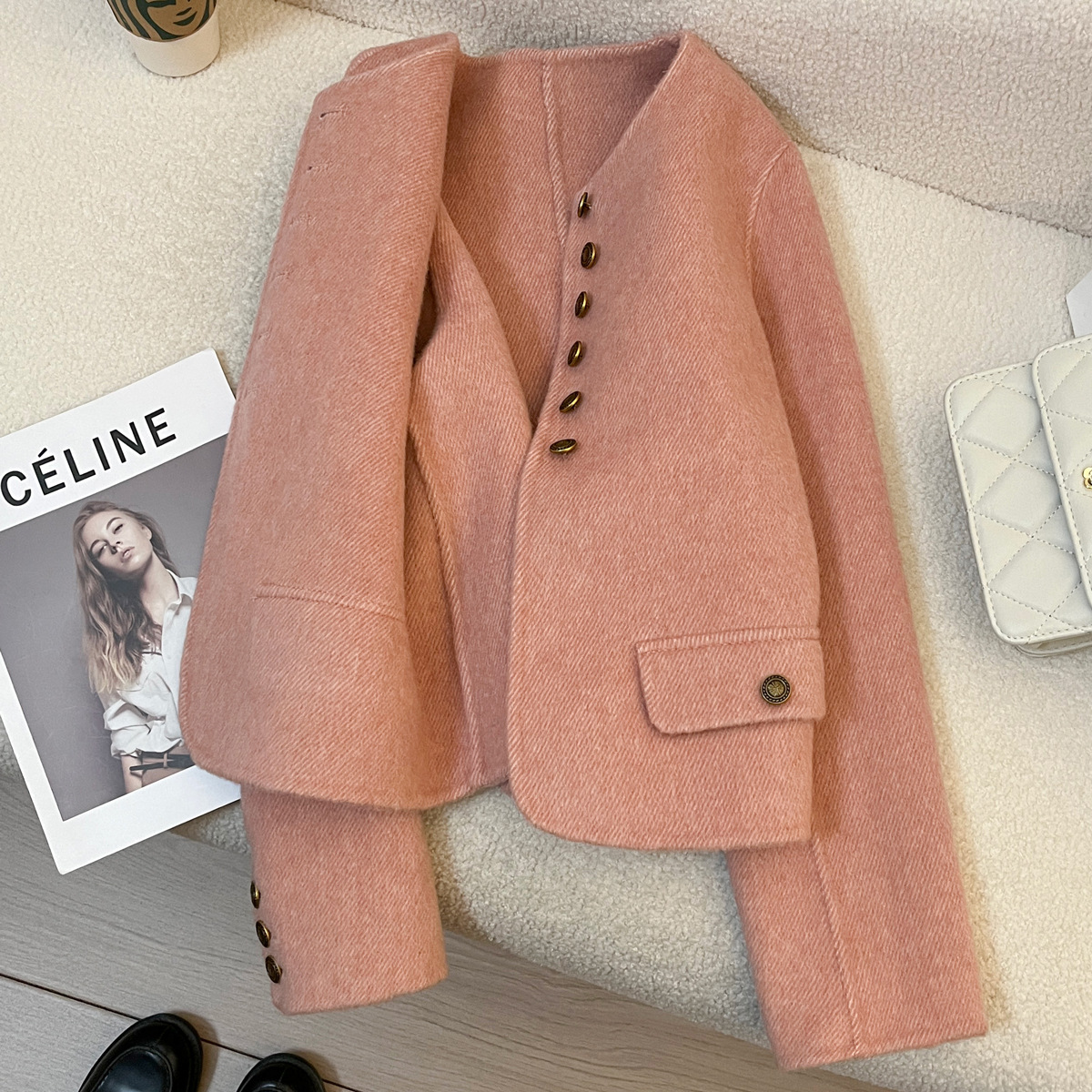핑크색 짧은 고급 양모 양면 모직 여성 코트 2025 가을 겨울 신상 69% 울 소재 샤넬 스타일 재킷