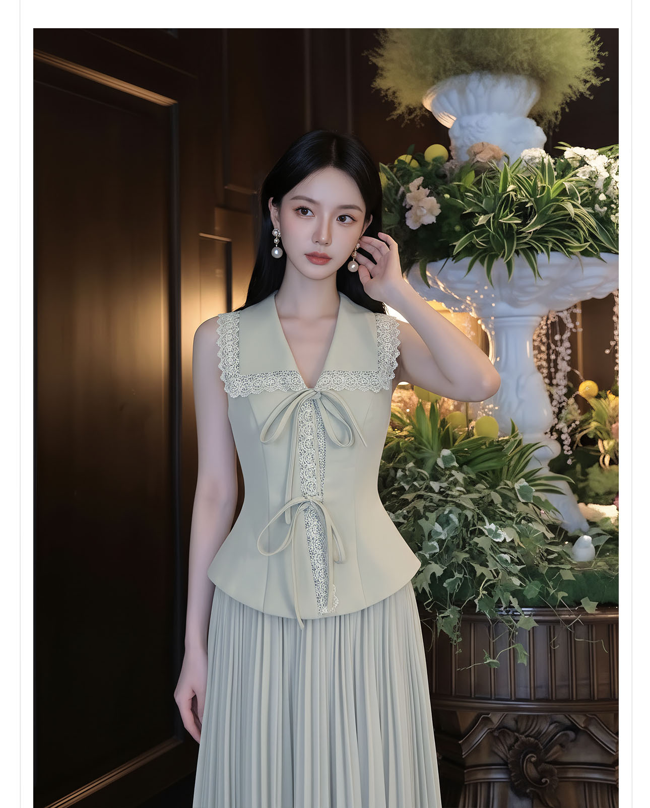 Set áo vest gile và chân váy ren phối ren thêu hoa, eo thon — bộ đồ, nửa váy, Trang chủ chi tiết 3
