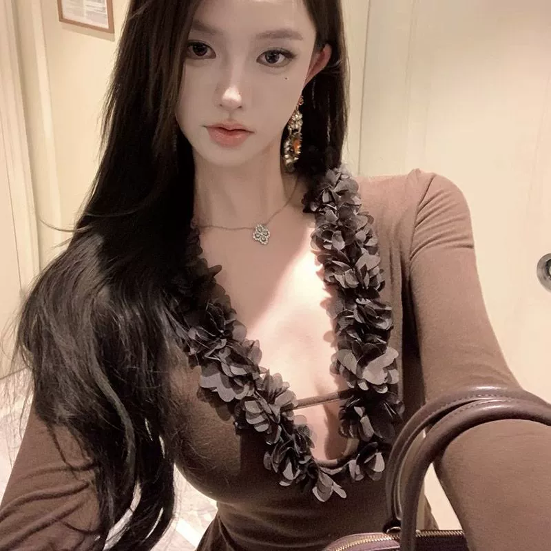 Трансграничный чистый стиль дизайн цветов с v-образным вырезом с длинными рукавами