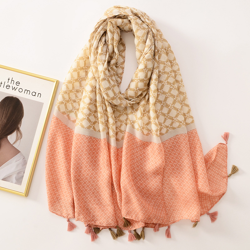 Nuevo artístico versátil geométrico estrella de cinco puntas impreso borla larga bufanda grande algodón y lino sensación bufanda protector solar chal