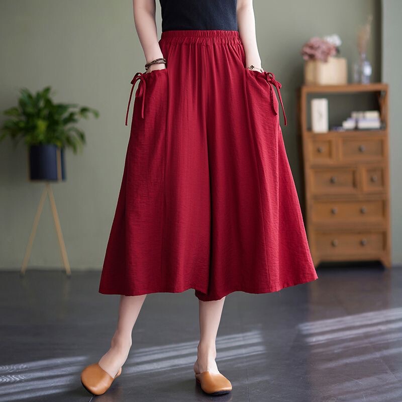Nylon Wide-Leg Pants for Women 2024 Summer New Loose Large Size Pure Color Elastic Waist Large Hem Skirt Pants Casual Cropped Pants