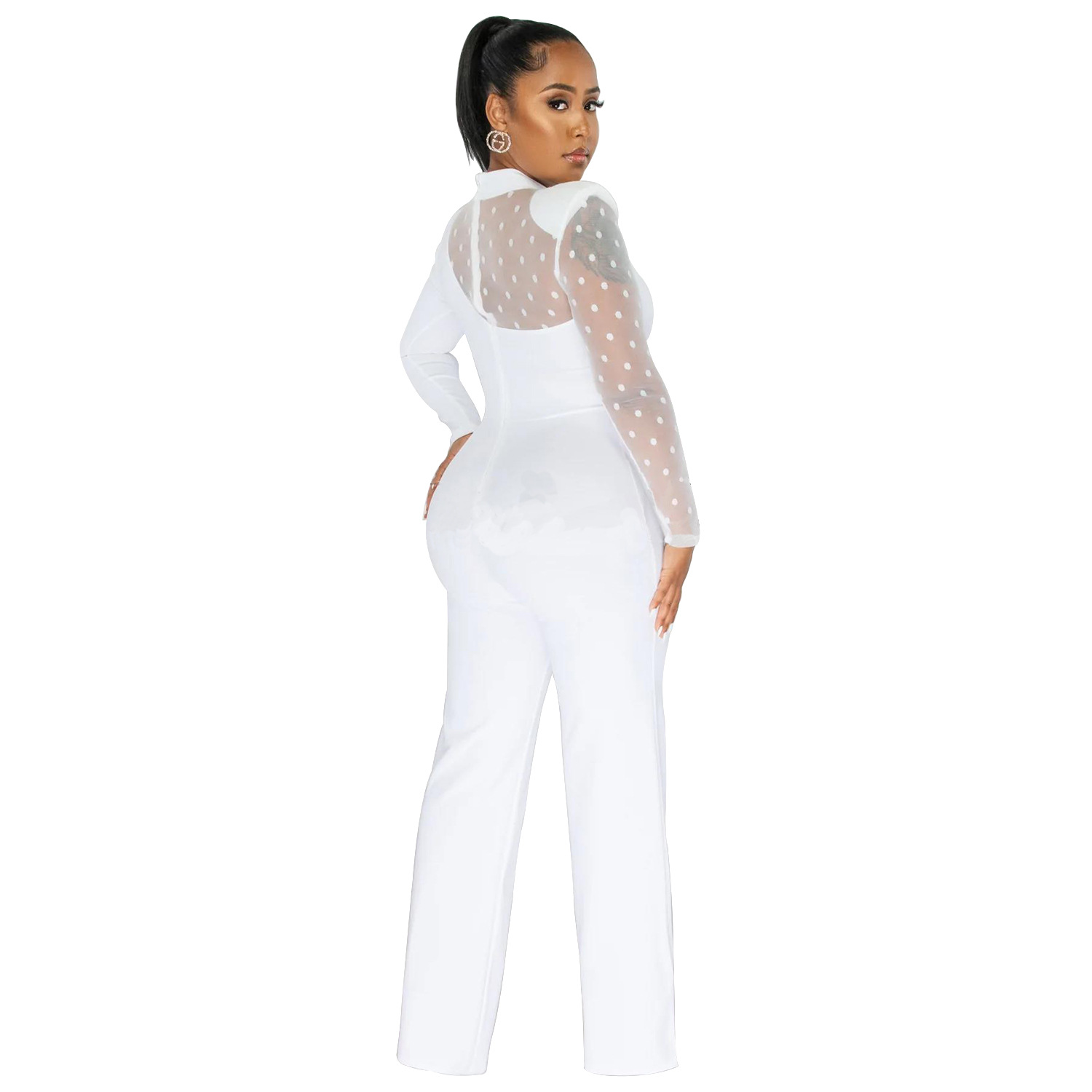 Women's Clothing fashion women's polka dot mesh see-through long-sleeved trousers solid color jumpsuit_voghion.com