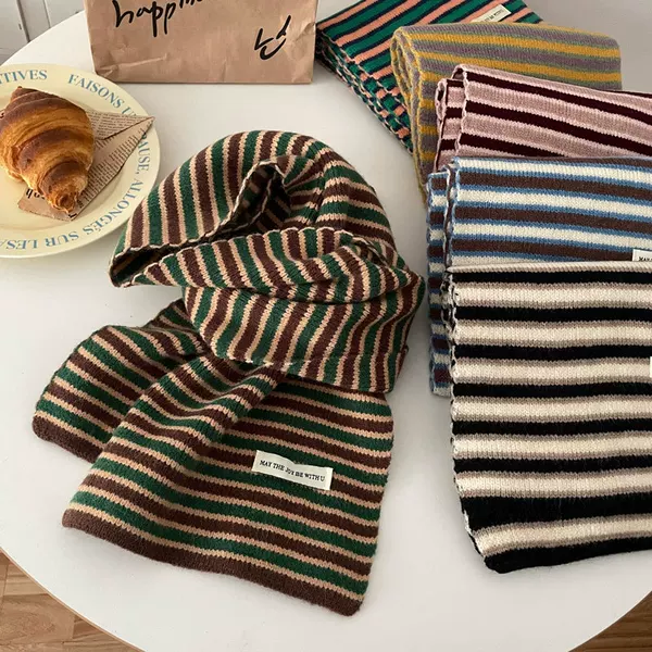 Original Quality Soft and Waxy Knitted Wool Striped Scarf for Women in Autumn and Winter, High-End Imitation Cashmere Warm Neck Scarf for Couples