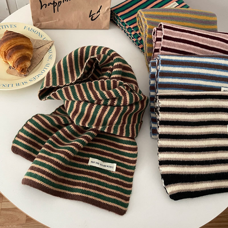 Original Quality Soft and Waxy Knitted Wool Striped Scarf for Women in Autumn and Winter, High-End Imitation Cashmere Warm Neck Scarf for Couples