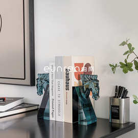 北欧创意透明水晶骏马书靠玄关摆件样板房售楼部书房书档工艺品