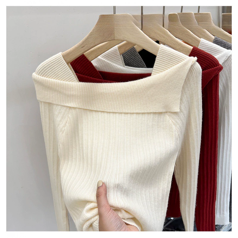 Женская трикотажная блузка с открытыми плечами, свитер для многослойного образа, новинка осени-зимы 2025, укороченный топ для женщин.