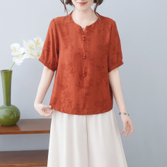 夏の新型のお母さんは半袖の綿麻のtシャツを着て、洋風がゆったりしていて、やせています。