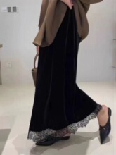 黑色丝绒蕾丝花边半身裙女2025春款气质高腰显瘦中长款包臀a字裙