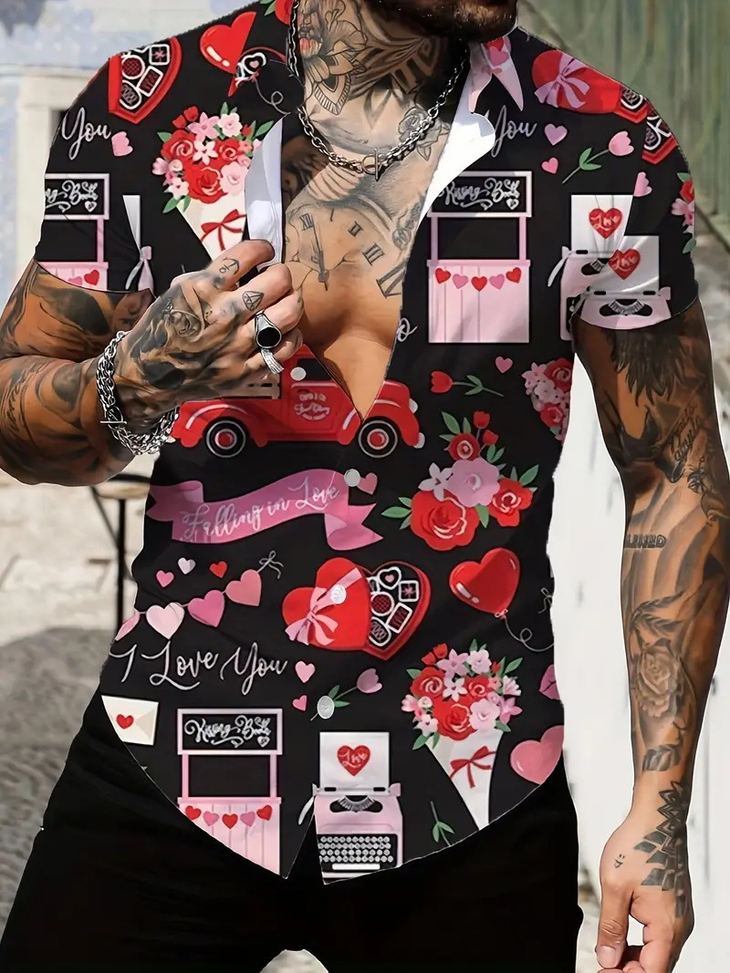 3d love blusa de manga corta con estampado digital, cita romántica, camisa de un solo pecho transpirable de estilo casual de todo fósforo MB1