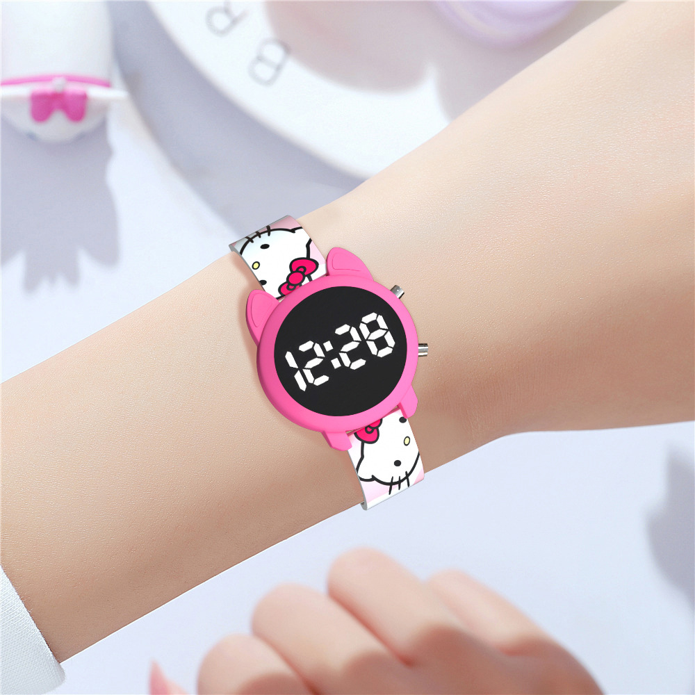 新款动漫卡通彩印小学生看时间电子手表男女孩可爱猫头礼品镜子表