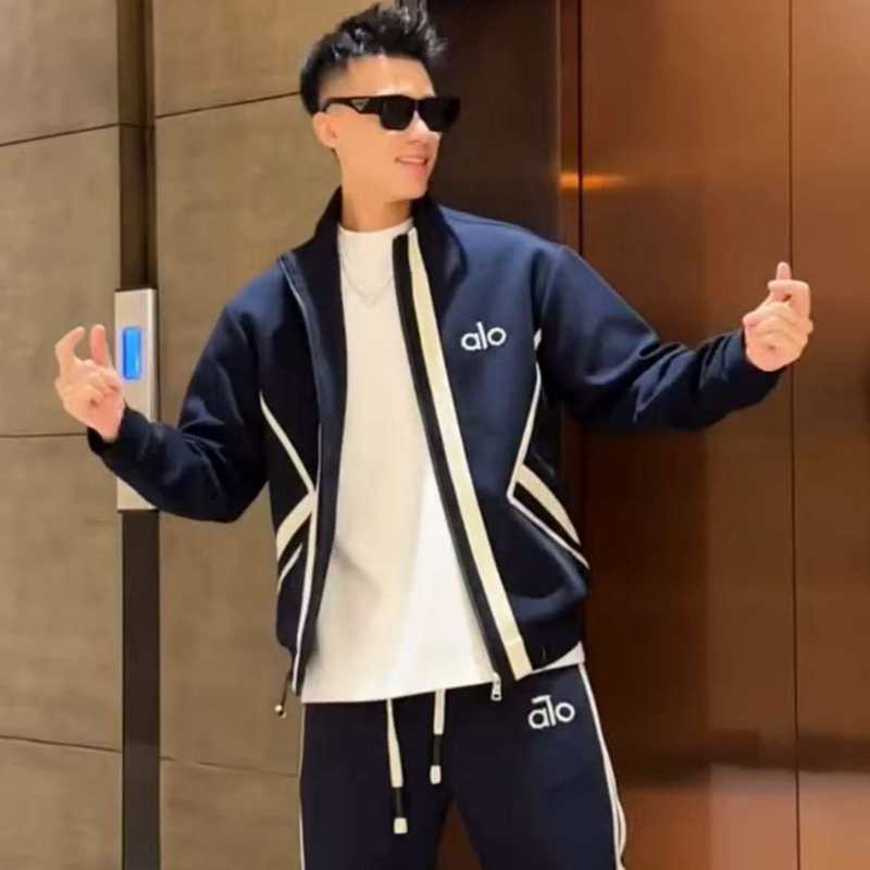 早秋高品质时尚休闲套装男欧货百搭帅气拼色立领外套运动裤两件套|undefined