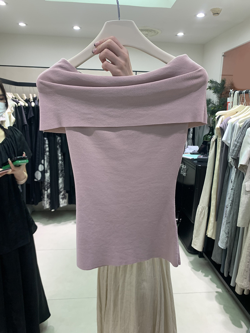 韩国2024夏季新款纯色修身短袖一字领露肩显瘦T恤女上衣潮
