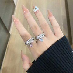 精緻甜酷蝴蝶結粉鑽流蘇戒指女氣質小眾設計感時尚疊戴百搭指環