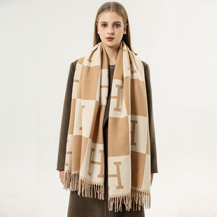 European and American New Imitation Cashmere Tassel Scarf for Women H Autumn and Winter Warm Double-Sided Scarf Air-Conditioning Blanket Shawl Export