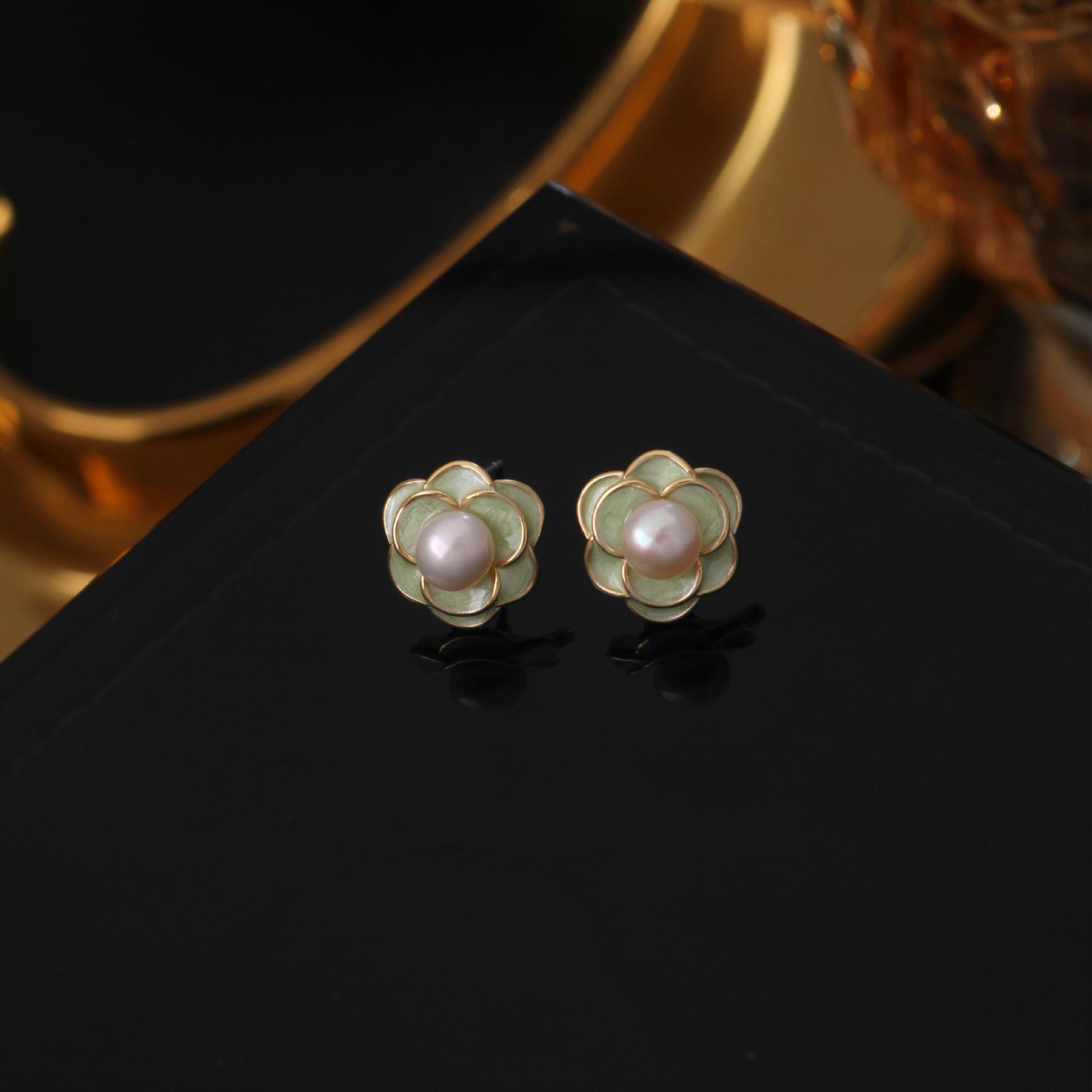 時尚氣質天然巴洛克珍珠花瓣耳釘甜美風氣質銀針耳環琺瑯滴釉耳飾