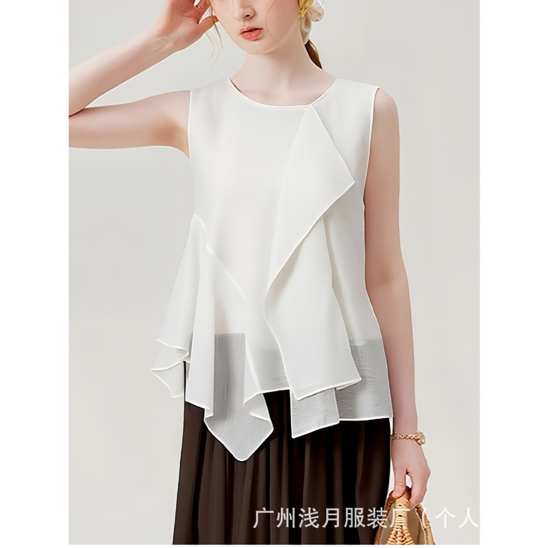 Summer 2026 Round Neck Asymmetrical Hem Tank Top in White with Draped Thin Design and Ruffled Sleeveless Chiffon Blouse Summer 2026 Round Neck Asymmetrical Hem Tank Top in White with Draped Thin Design and Ruffled Sleeveless Chiffon Blouse