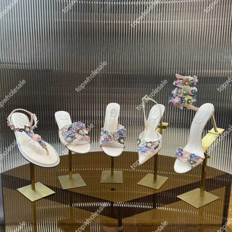 In-Stock High-End Rhinestone Flower Women's Summer New Petal Thong Sandals Versatile High-Heeled Chanel-Style Bowknot