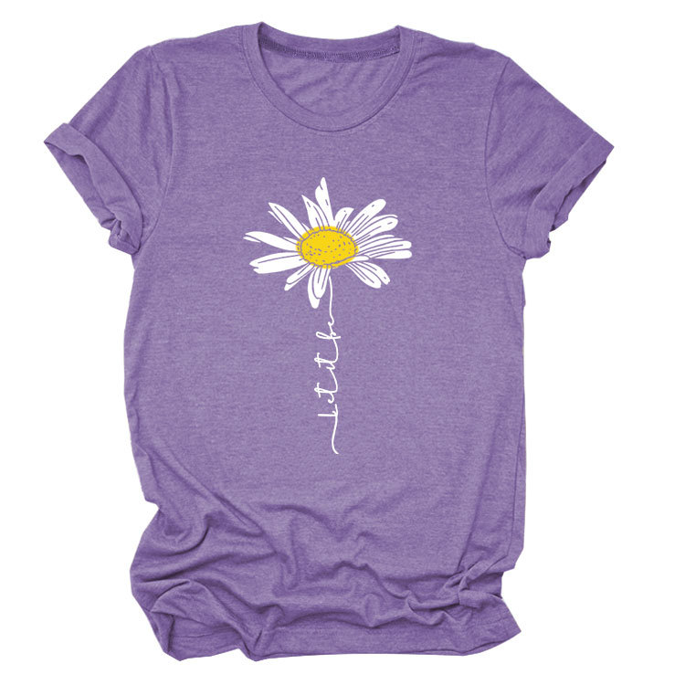 LET IT BE DAISY carta casual manga corta Amazon europeo y americano de las mujeres Top cuello redondo Camiseta suelta