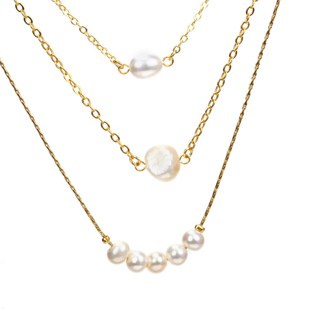 Fashion Three-layer Pearl Sweater Chain Gold Plated Necklace Wholesale display picture 2