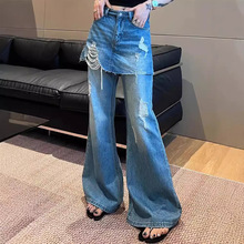 2024年夏季新款时髦美式微喇裤女假两件蓝色破洞牛仔阔腿潮ins