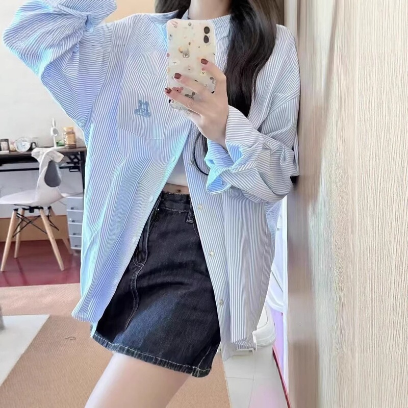 2026 New Korean Style Striped Polo Collar Shirt Jacket for Women, Loose and Lazy Style Long-Sleeve Sun Protection Cardigan Top