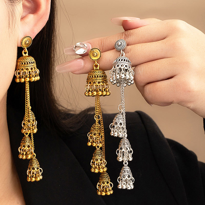 European and American Cross-border Bohemian Bell Long Tassel Chain Earrings Retro Ethnic Style Earrings Advanced Earrings
