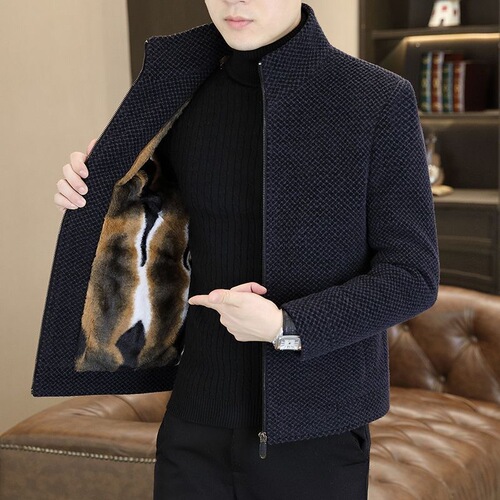 Short Stand Collar Wool Knit Coat for Men, Autumn/Winter Casual Thick Warm Felt Jacket, New Men's Jacket