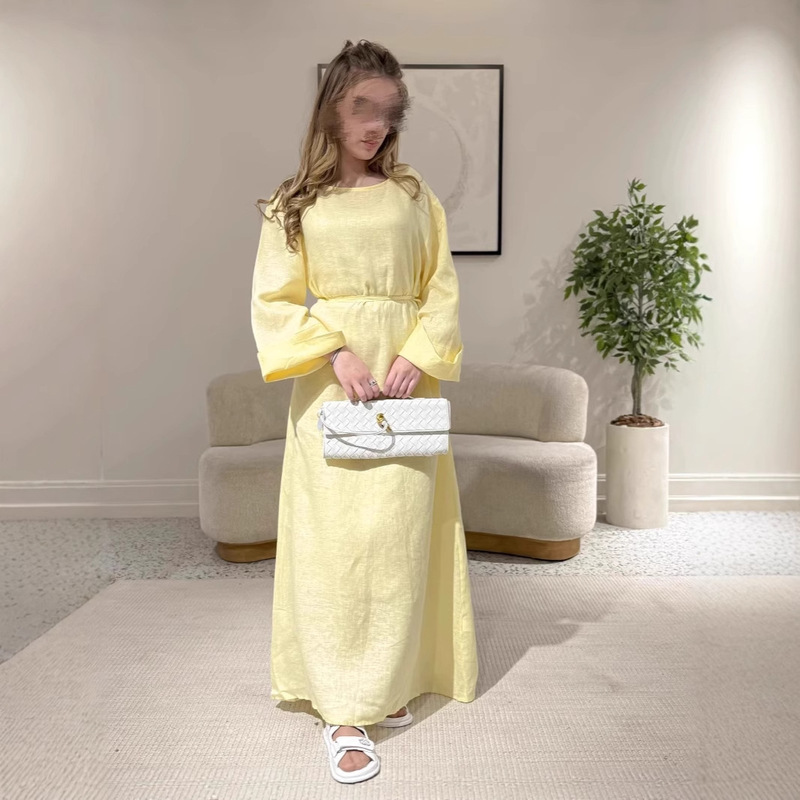 2025 越境貿易ヨーロッパとアメリカの服アマゾンスカートルーズ無地ラウンドネックカジュアル長袖コットンとリネンドレス|undefined