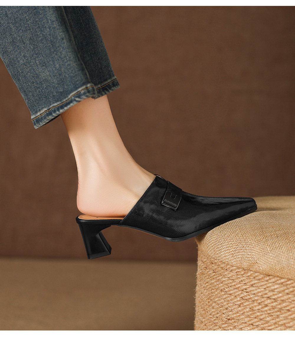 Dép sandal cao gót nữ mũi nhọn quai ngang da dê gót thô 5 cm — đen chi tiết 16