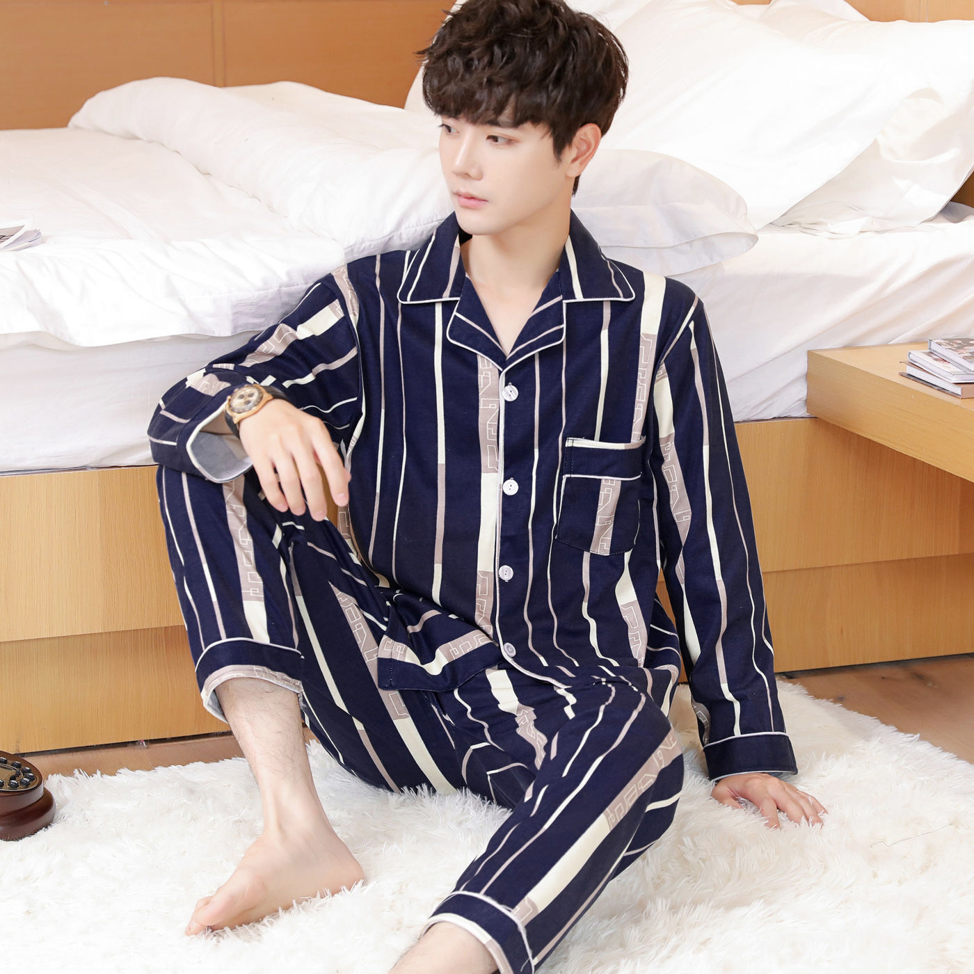 Pijamas de hombre primavera y otoño 100% algodón pantalones de manga larga cardigan verde de mediana edad ropa de hogar traje de invierno para los ancianos