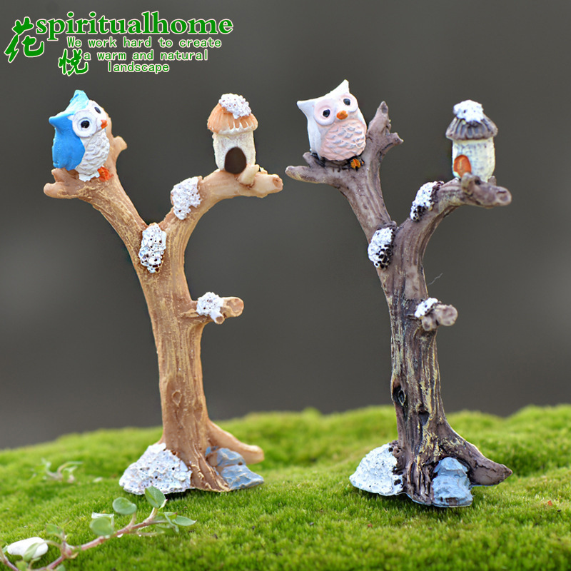 苔藓微景观摆件 仿真树枝 树叉猫头鹰 DIY组装多肉小摆件精致