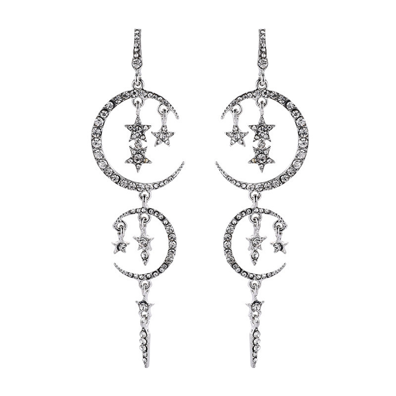Europeo y americano clásico popular nuevo romántico diamante estrella Luna pendientes largo diamante incrustado elegante mujer pendientes Venta caliente
