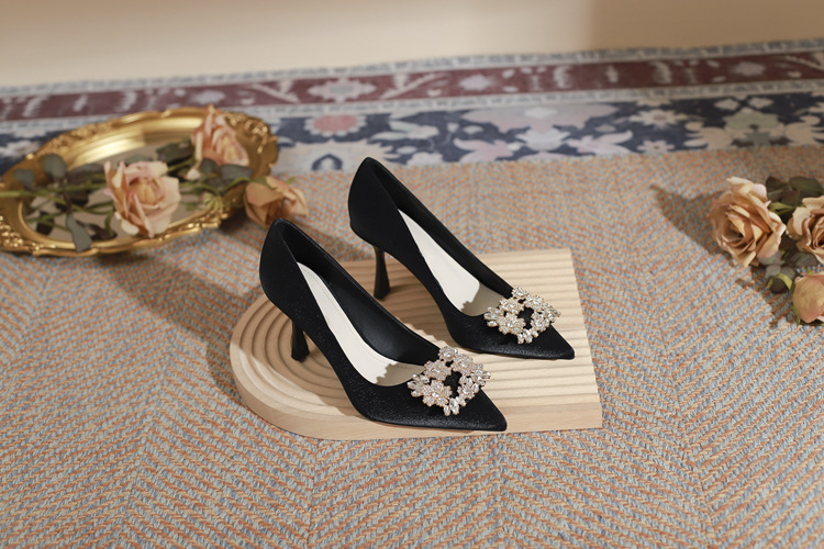 Black Stiletto Heel Pumps With Rhinestone Square Buckle And Sharp Toe_voghion.com